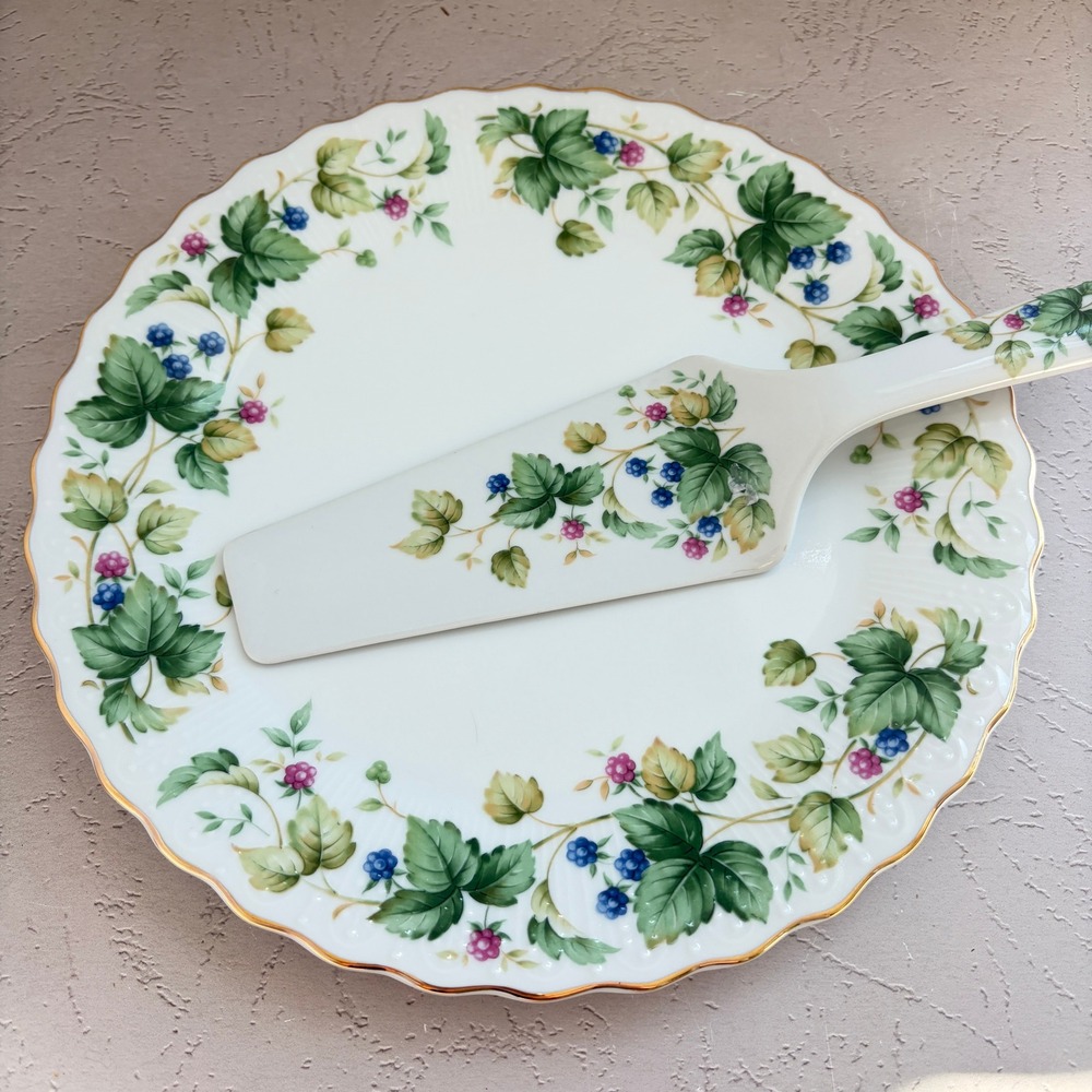 Andrea by Sadek Porcelain Cake Plate and Server Set Berry Motif Scalloped Edge
